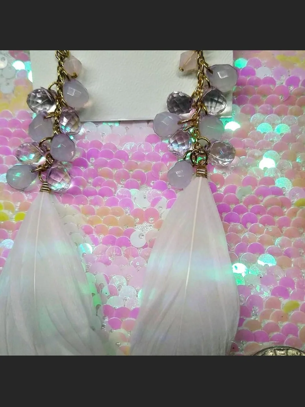 Delicate Light Lilac Feather Drop Earrings with Bead Accents